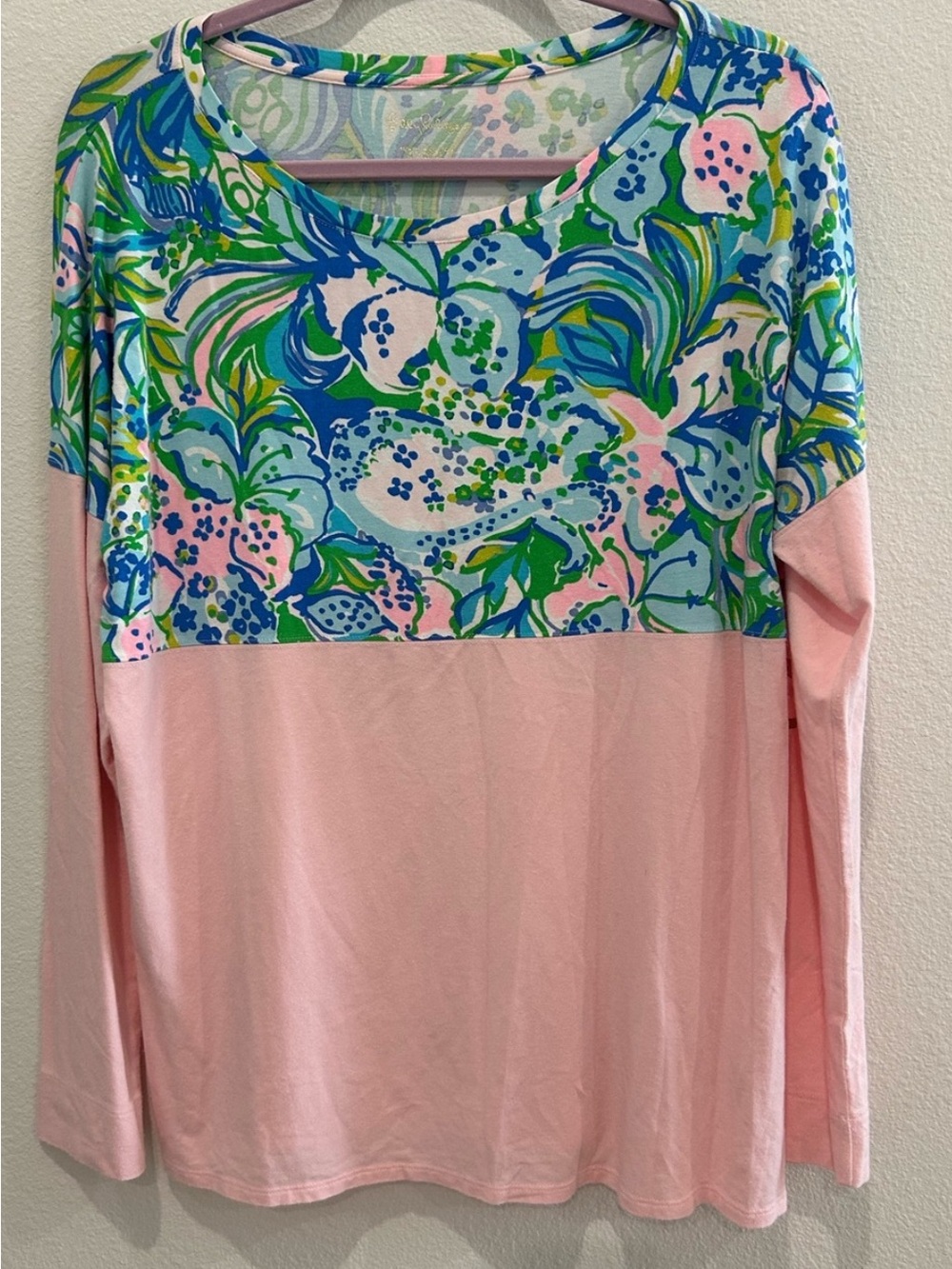 Lilly Pulitzer Pink Long-Sleeve Top with Blue & Green Floral Yoke